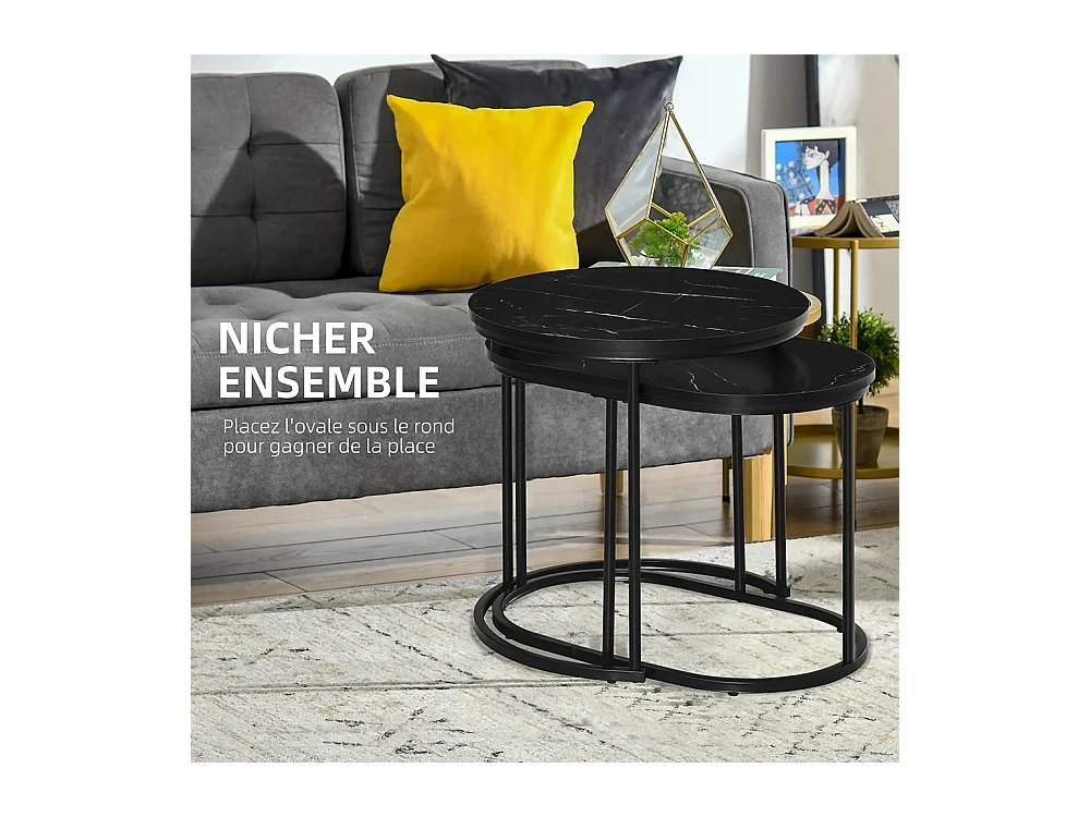 Lot de 2 tables basses tables d'appoint gigognes en acier et plateau MDF aspect marbre - table ronde et ovale - noir
