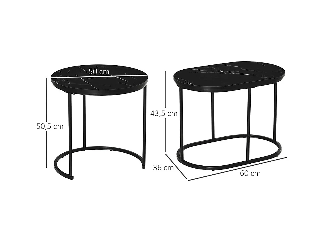 Lot de 2 tables basses tables d'appoint gigognes en acier et plateau MDF aspect marbre - table ronde et ovale - noir