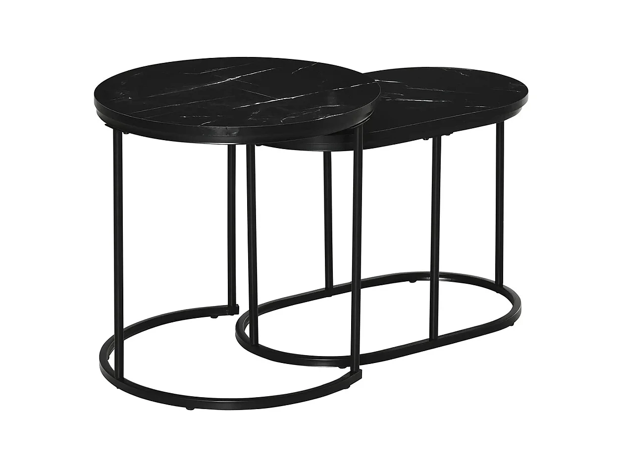 Lot de 2 tables basses tables d'appoint gigognes en acier et plateau MDF aspect marbre - table ronde et ovale - noir