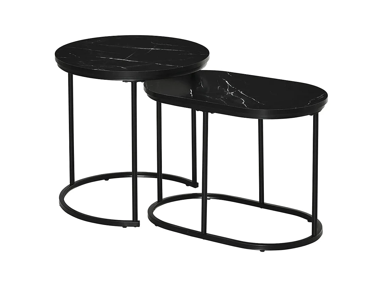 Lot de 2 tables basses tables d'appoint gigognes en acier et plateau MDF aspect marbre - table ronde et ovale - noir