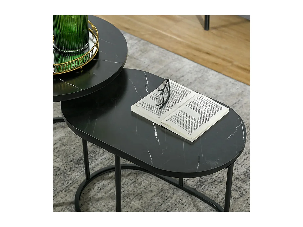 Lot de 2 tables basses tables d'appoint gigognes en acier et plateau MDF aspect marbre - table ronde et ovale - noir