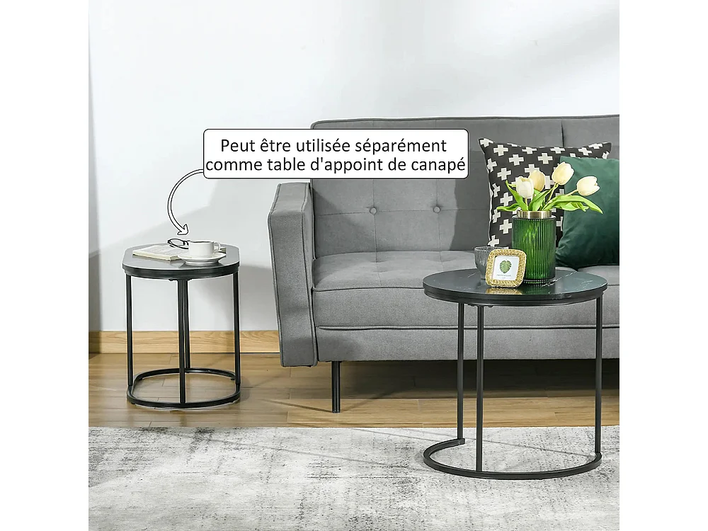 Lot de 2 tables basses tables d'appoint gigognes en acier et plateau MDF aspect marbre - table ronde et ovale - noir