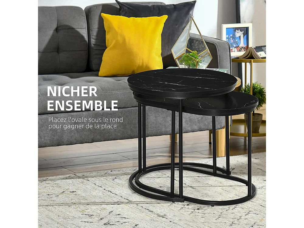 Lot de 2 tables basses tables d'appoint gigognes en acier et plateau MDF aspect marbre - table ronde et ovale - noir