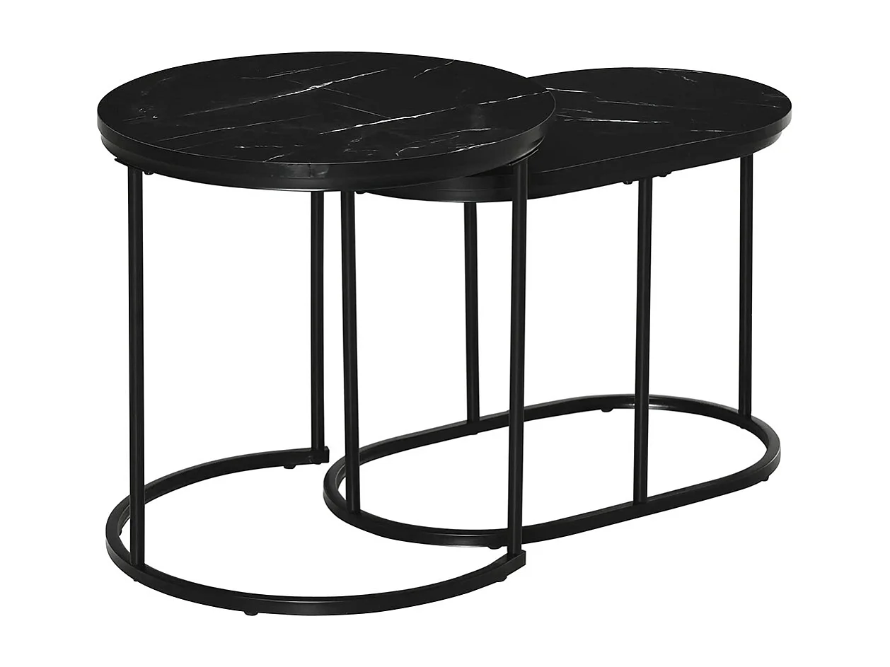 Lot de 2 tables basses tables d'appoint gigognes en acier et plateau MDF aspect marbre - table ronde et ovale - noir