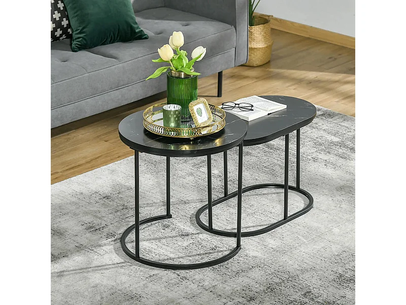 Lot de 2 tables basses tables d'appoint gigognes en acier et plateau MDF aspect marbre - table ronde et ovale - noir