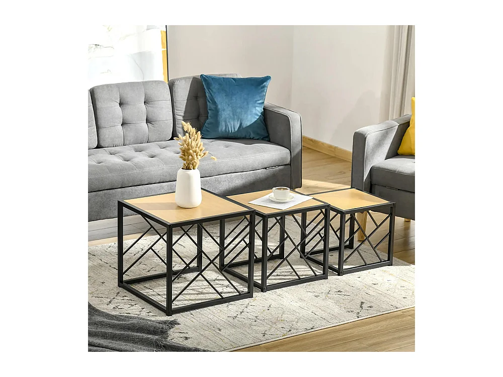 Ensemble de 3 Tables Basses gigognes encastrables Style Industriel métal Noir Aspect Bois Clair