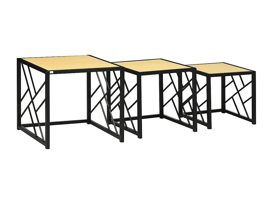 Ensemble de 3 Tables Basses gigognes encastrables Style Industriel métal Noir Aspect Bois Clair
