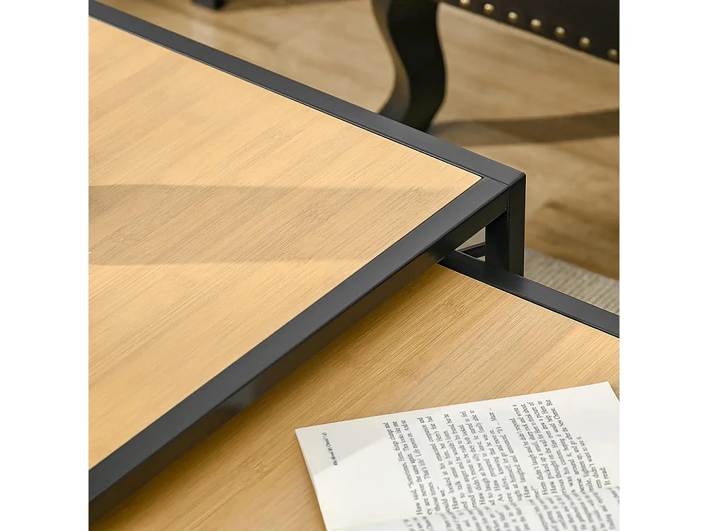 Ensemble de 3 Tables Basses gigognes encastrables Style Industriel métal Noir Aspect Bois Clair