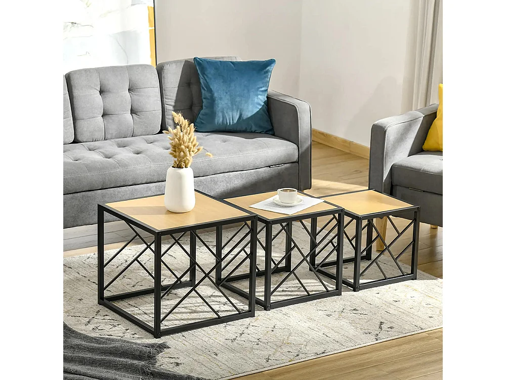 Ensemble de 3 Tables Basses gigognes encastrables Style Industriel métal Noir Aspect Bois Clair