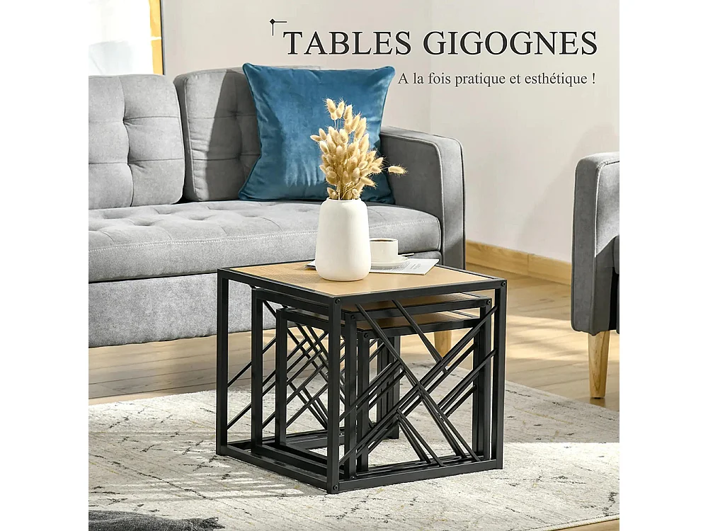 Ensemble de 3 Tables Basses gigognes encastrables Style Industriel métal Noir Aspect Bois Clair