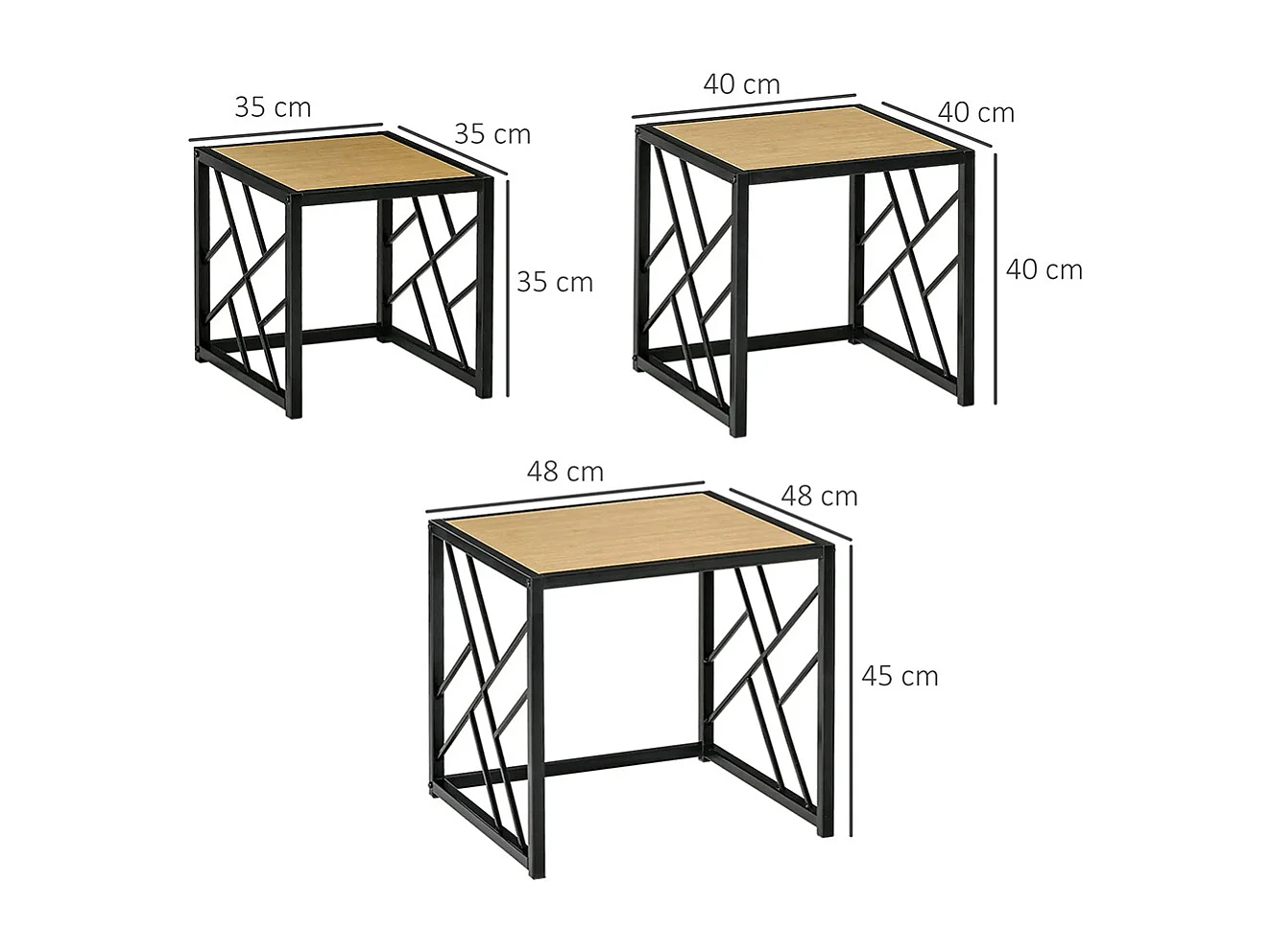 Ensemble de 3 Tables Basses gigognes encastrables Style Industriel métal Noir Aspect Bois Clair