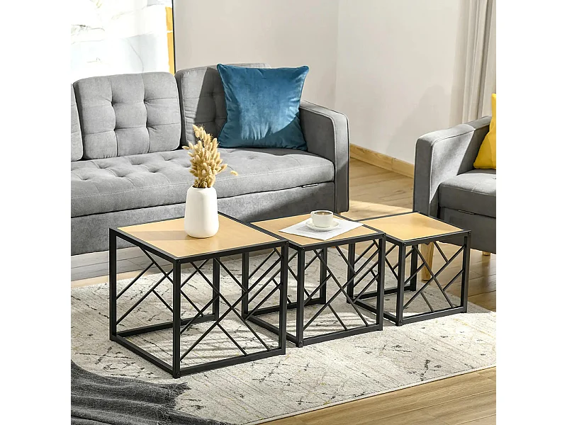 Ensemble de 3 Tables Basses gigognes encastrables Style Industriel métal Noir Aspect Bois Clair