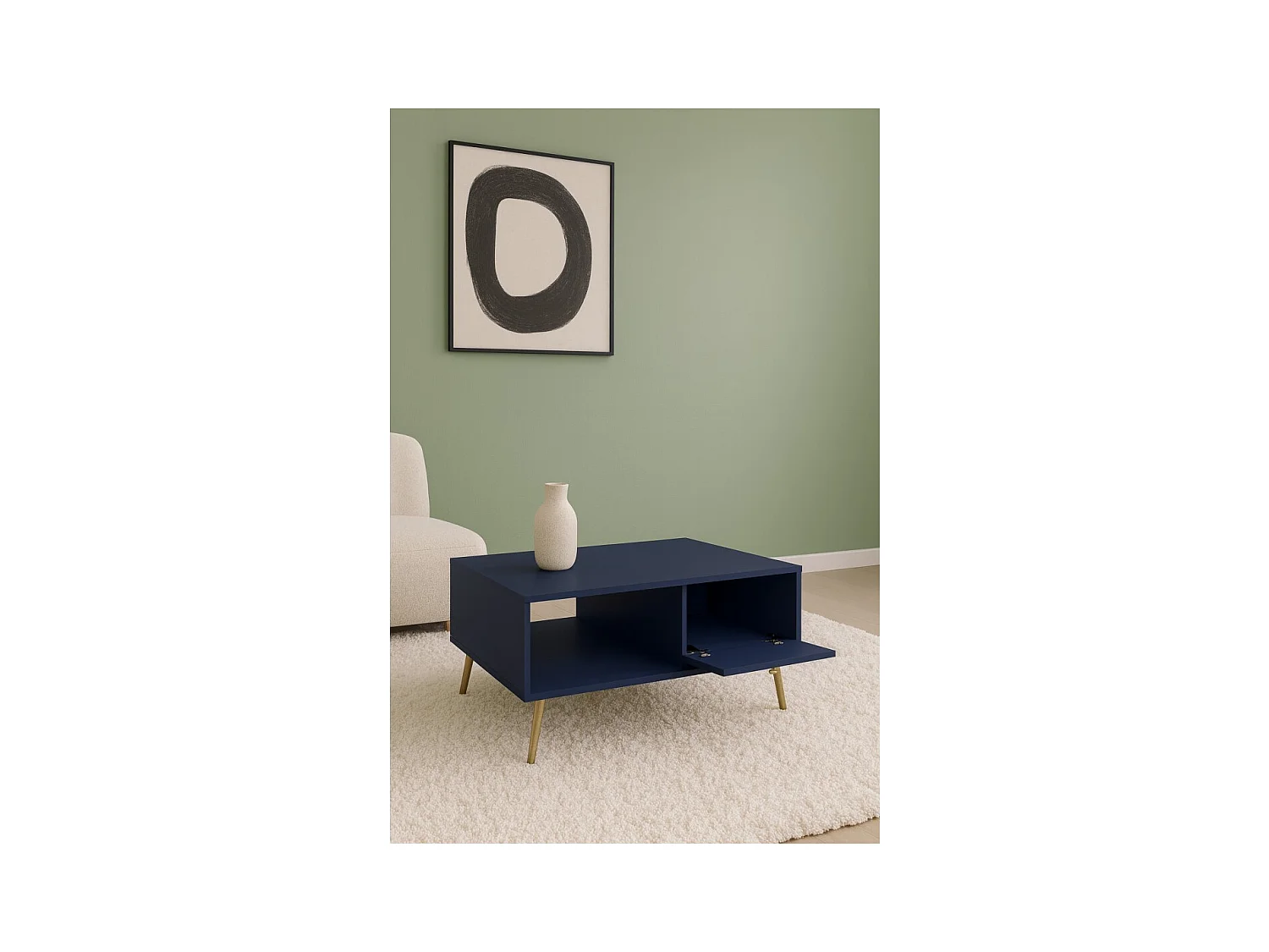 Table basse design AZURÉA – Niche + 1 porte abattante – Bleu profond – 87x43x66 cm