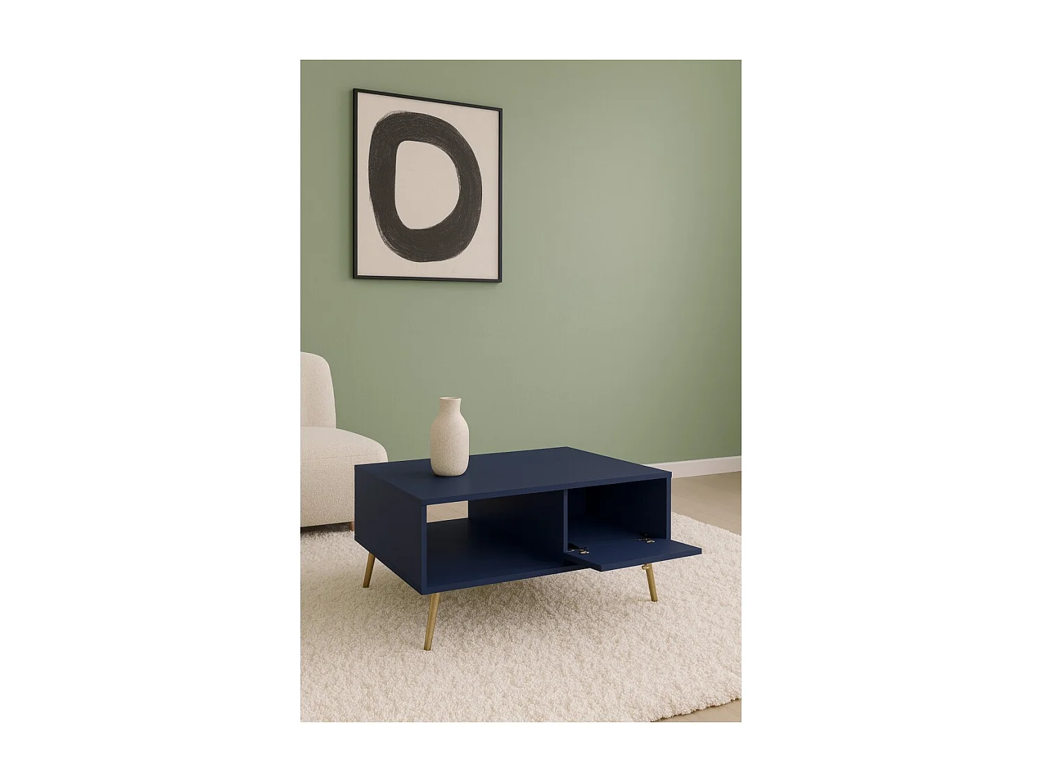 Table basse design AZURÉA – Niche + 1 porte abattante – Bleu profond – 87x43x66 cm