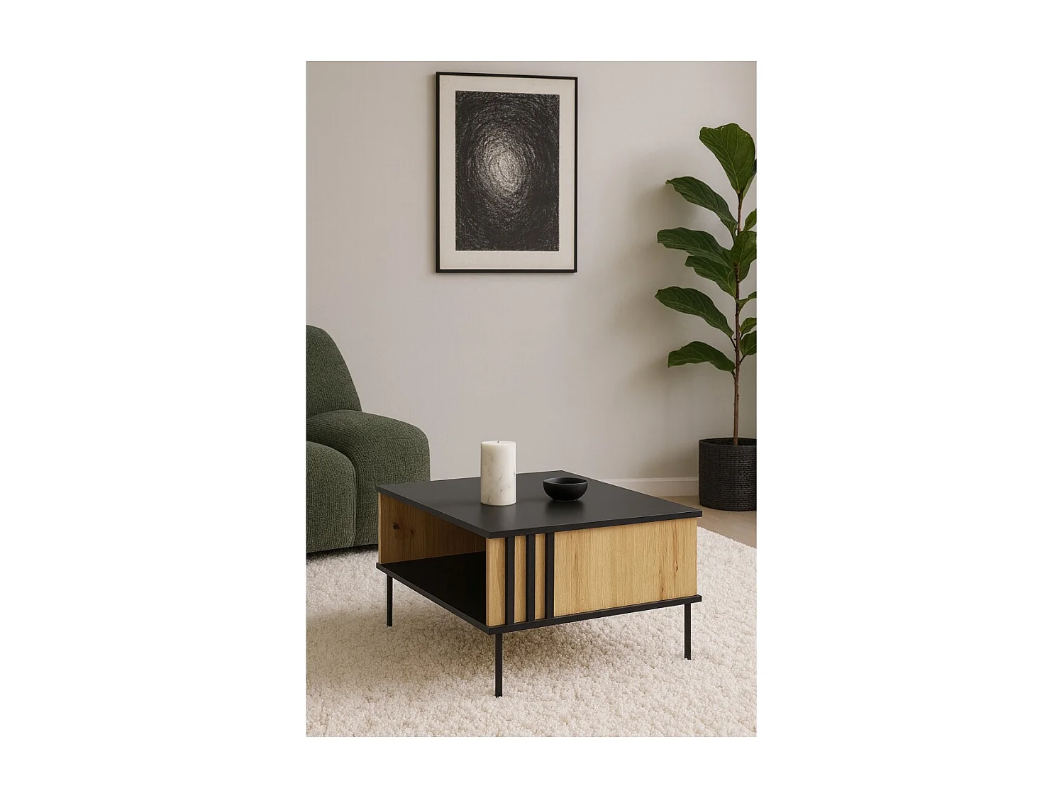 Mesa baja de diseño IZO – Ónix negro & Roble claro – 87x43x66 cm