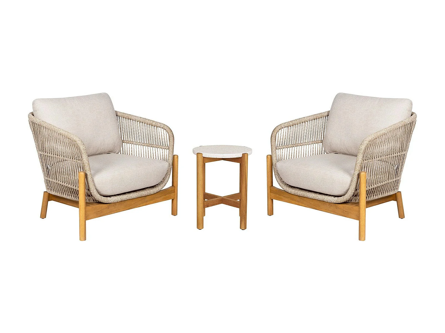 Salon de jardin détente en bois d'acacia et corde tressée (2 fauteuils, 1 petite table ø36 cm) MENDOZA