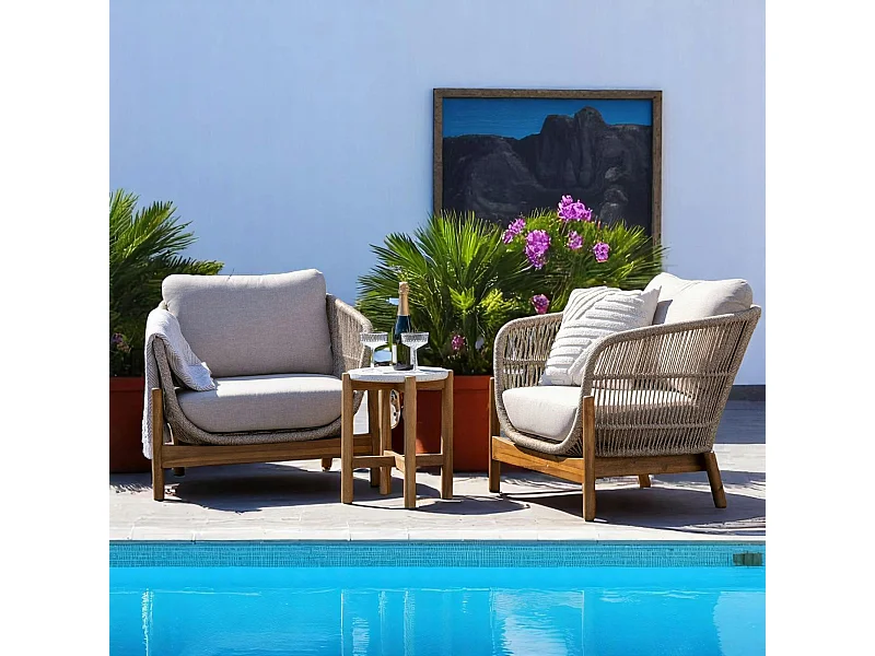 Salon de jardin détente en bois d'acacia et corde tressée (2 fauteuils, 1 petite table ø36 cm) MENDOZA