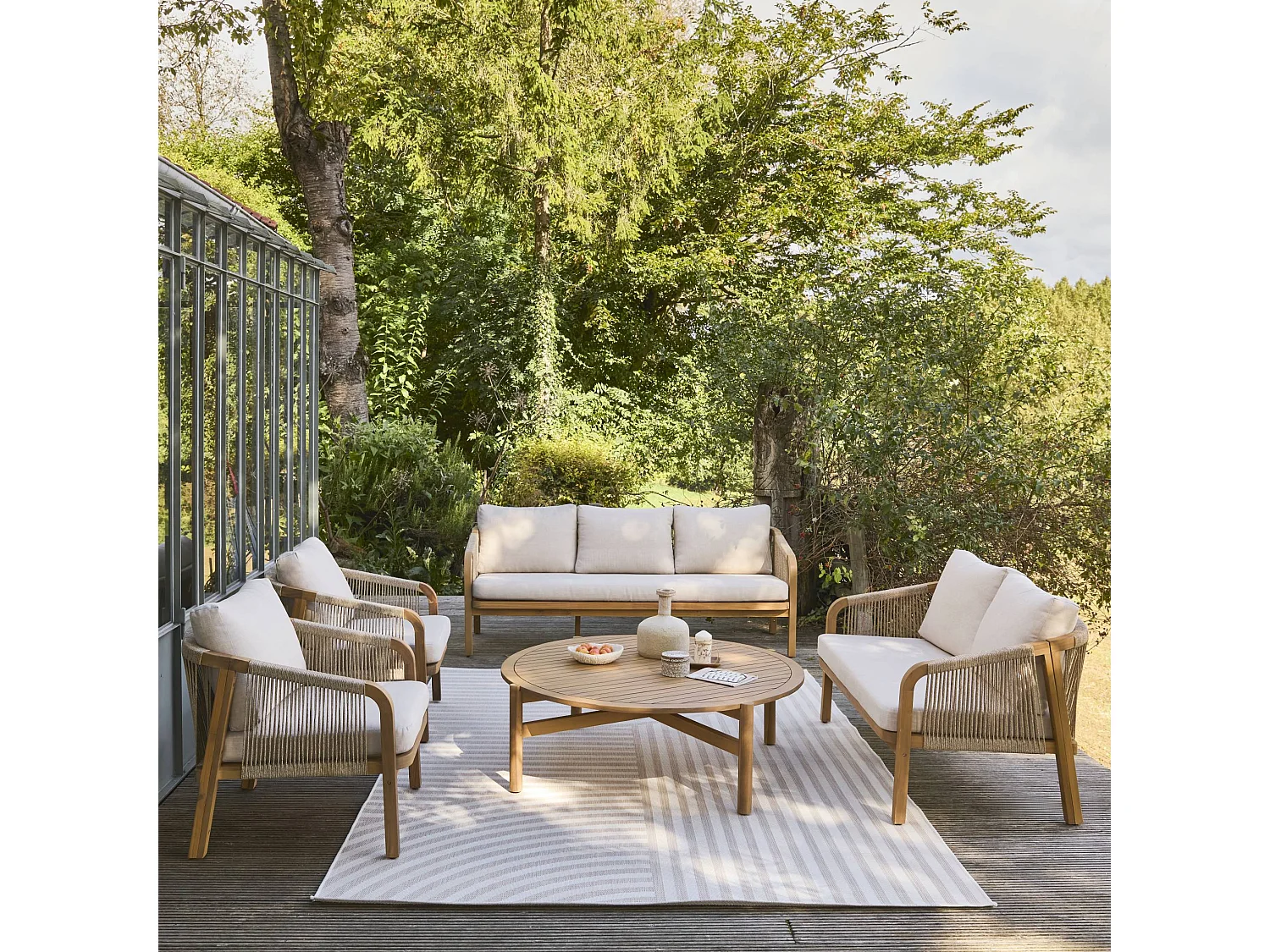 Set da giardino in legno di acacia e corde 7 posti, beige