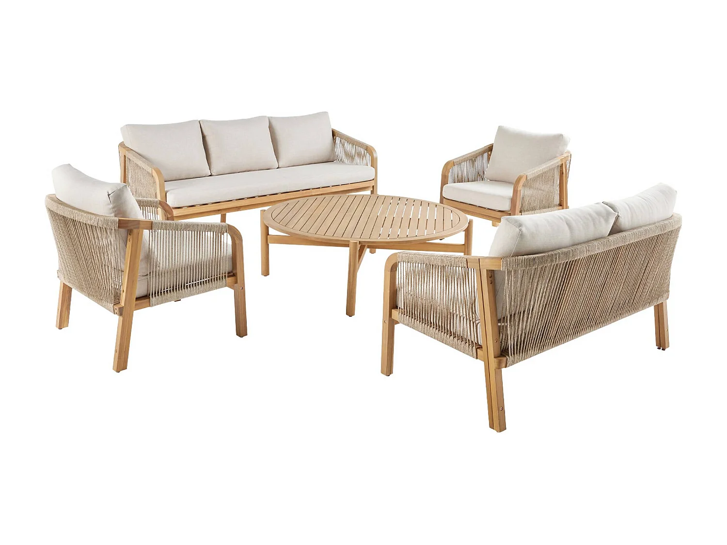 Set da giardino in legno di acacia e corde 7 posti, beige