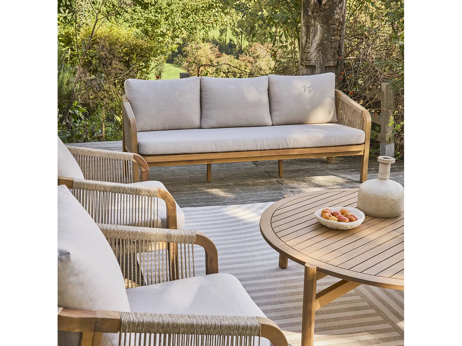 Set da giardino in legno di acacia e corde 7 posti, beige