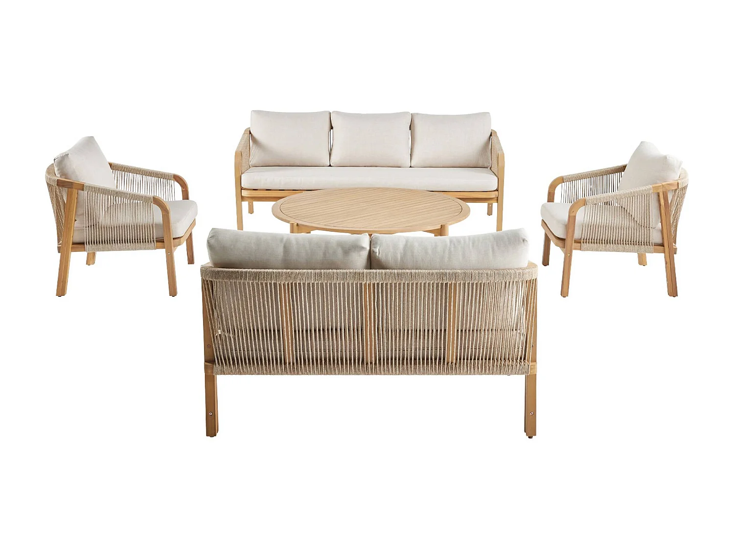 Set da giardino in legno di acacia e corde 7 posti, beige