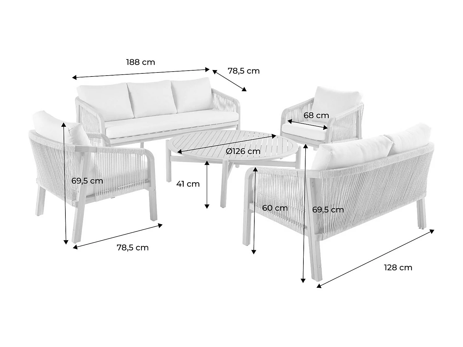 Set da giardino in legno di acacia e corde 7 posti, beige