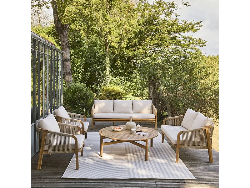 Set da giardino in legno di acacia e corde 7 posti, beige