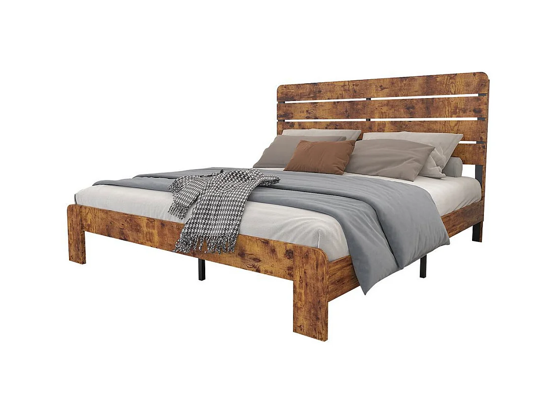 Lit double 140x200 bois antique sommier lattes fer tête haute cadre acier marron