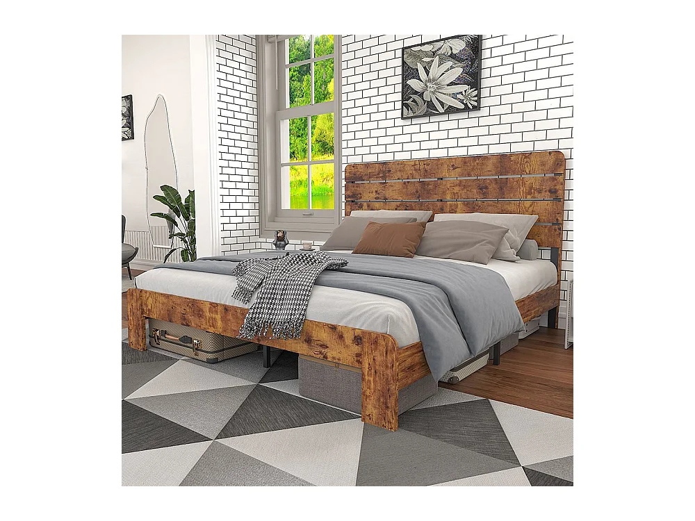 Lit double 140x200 bois antique sommier lattes fer tête haute cadre acier marron