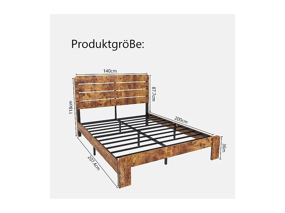 Lit double 140x200 bois antique sommier lattes fer tête haute cadre acier marron