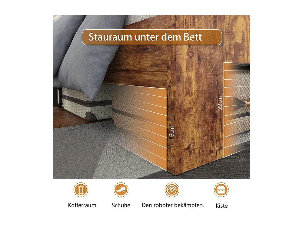 Lit double 140x200 bois antique sommier lattes fer tête haute cadre acier marron