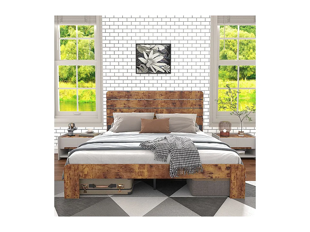 Lit double 140x200 bois antique sommier lattes fer tête haute cadre acier marron