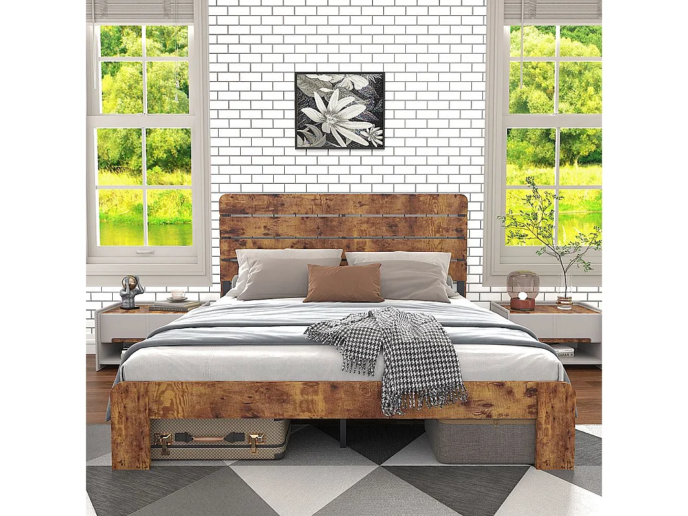 Lit double 140x200 bois antique sommier lattes fer tête haute cadre acier marron