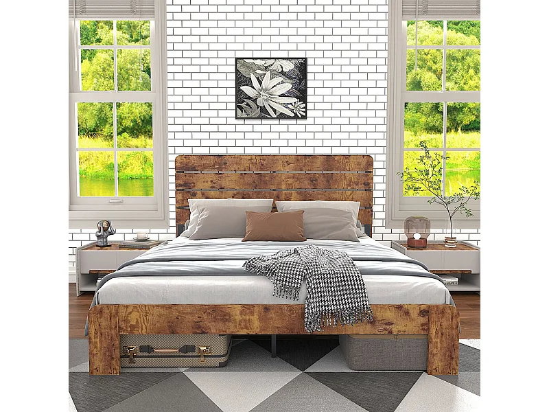 Lit double 140x200 bois antique sommier lattes fer tête haute cadre acier marron