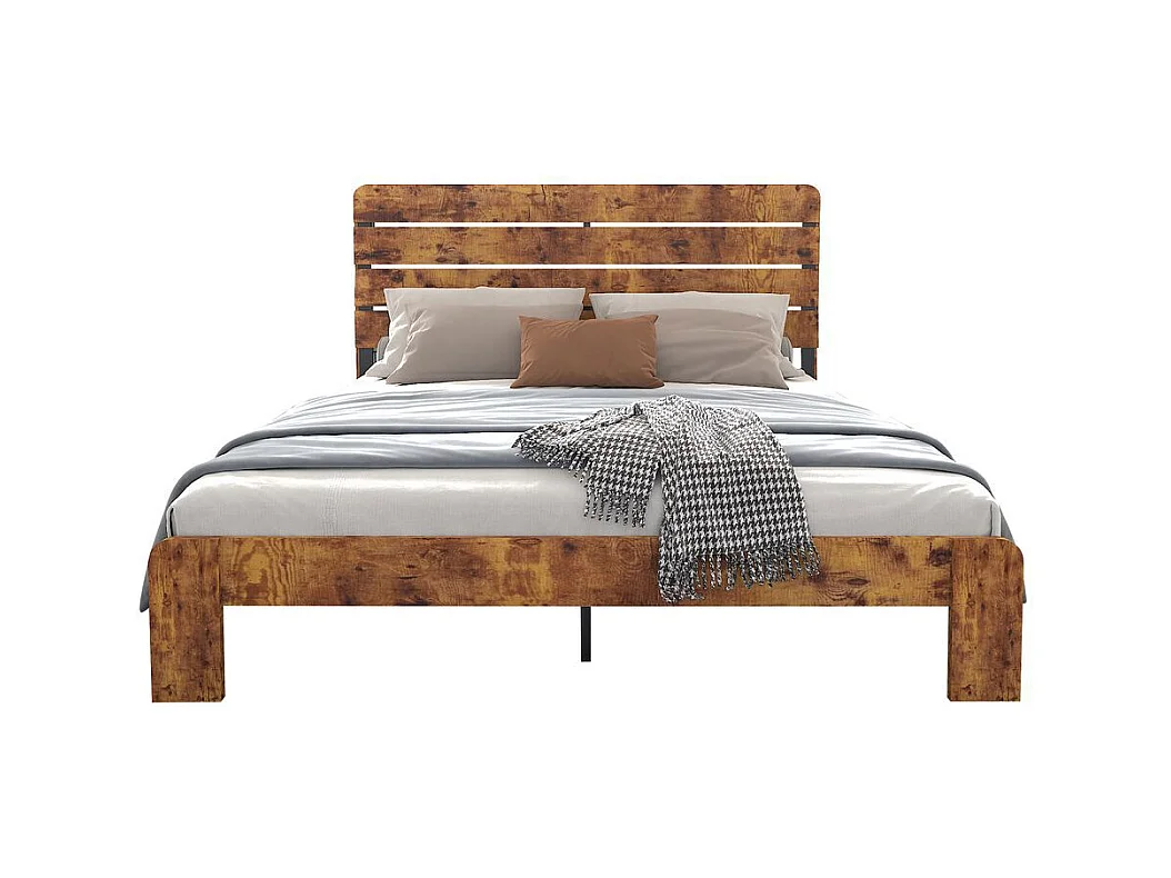 Lit double 160x200 bois antique sommier lattes fer tête haute cadre fer marron