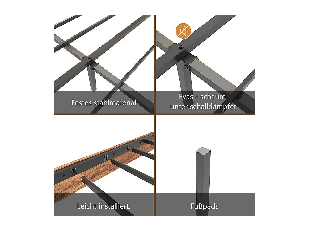 Lit double 160x200 bois antique sommier lattes fer tête haute cadre fer marron