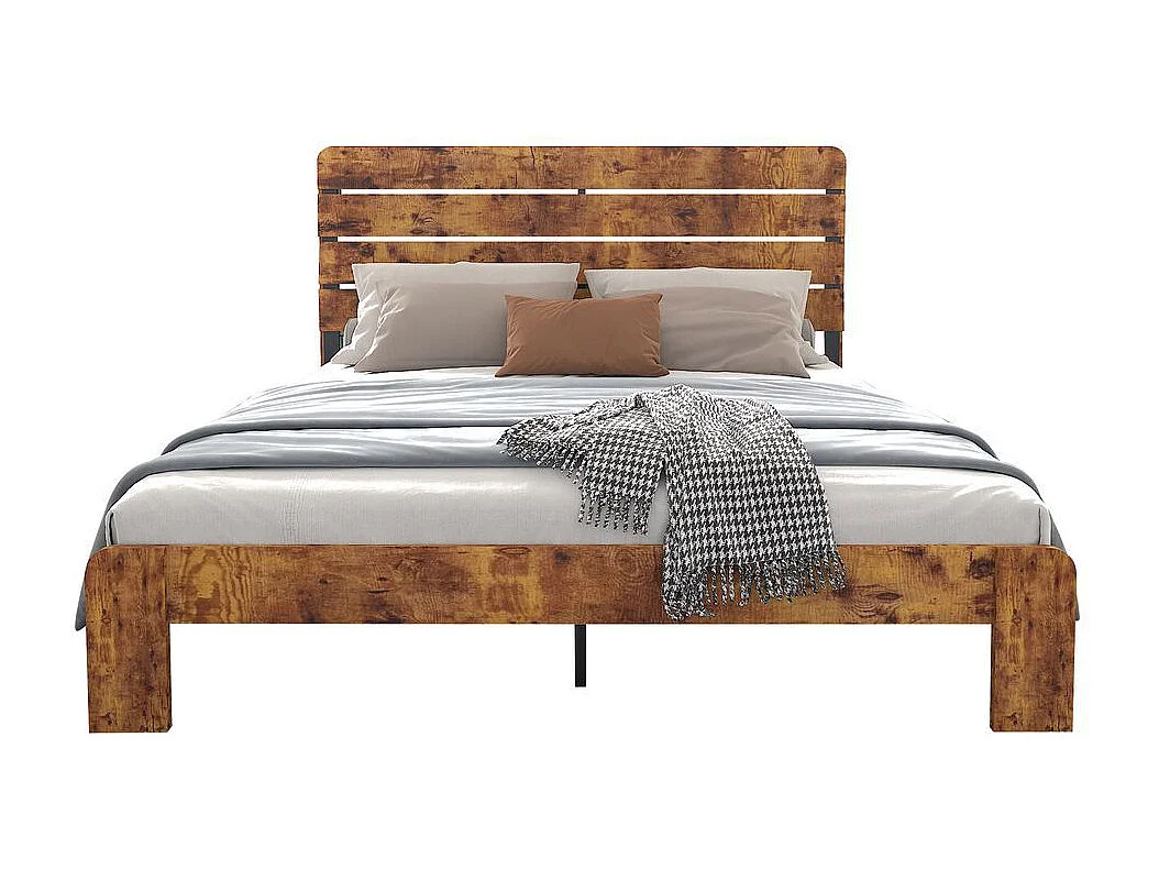 Lit double 160x200 bois antique sommier lattes fer tête haute cadre fer marron