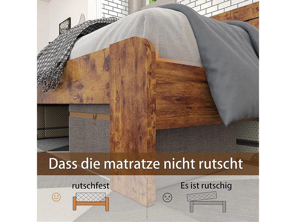 Lit double 160x200 bois antique sommier lattes fer tête haute cadre fer marron