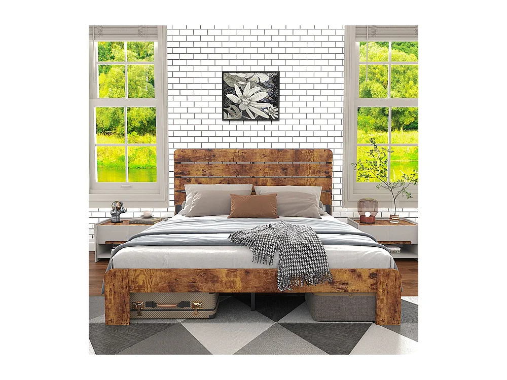 Lit double 180x200 bois antique sommier lattes fer tête haute cadre fer marron