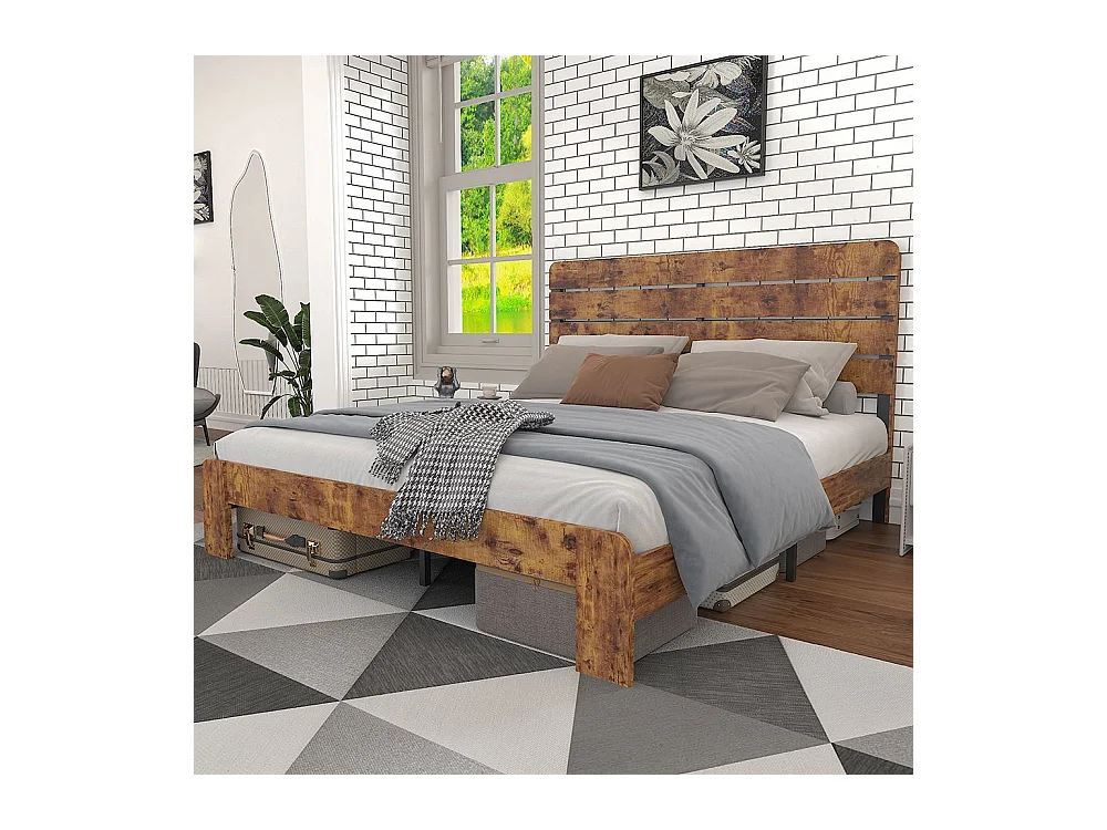 Lit double 180x200 bois antique sommier lattes fer tête haute cadre fer marron