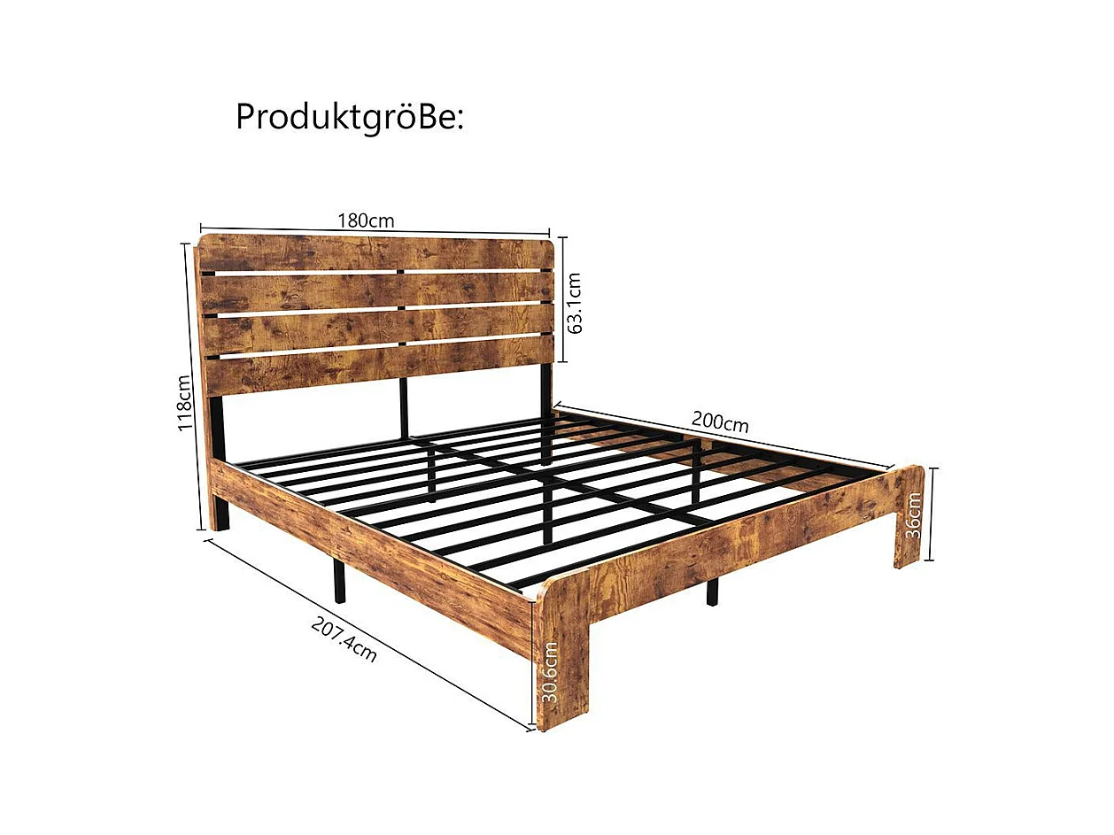 Lit double 180x200 bois antique sommier lattes fer tête haute cadre fer marron