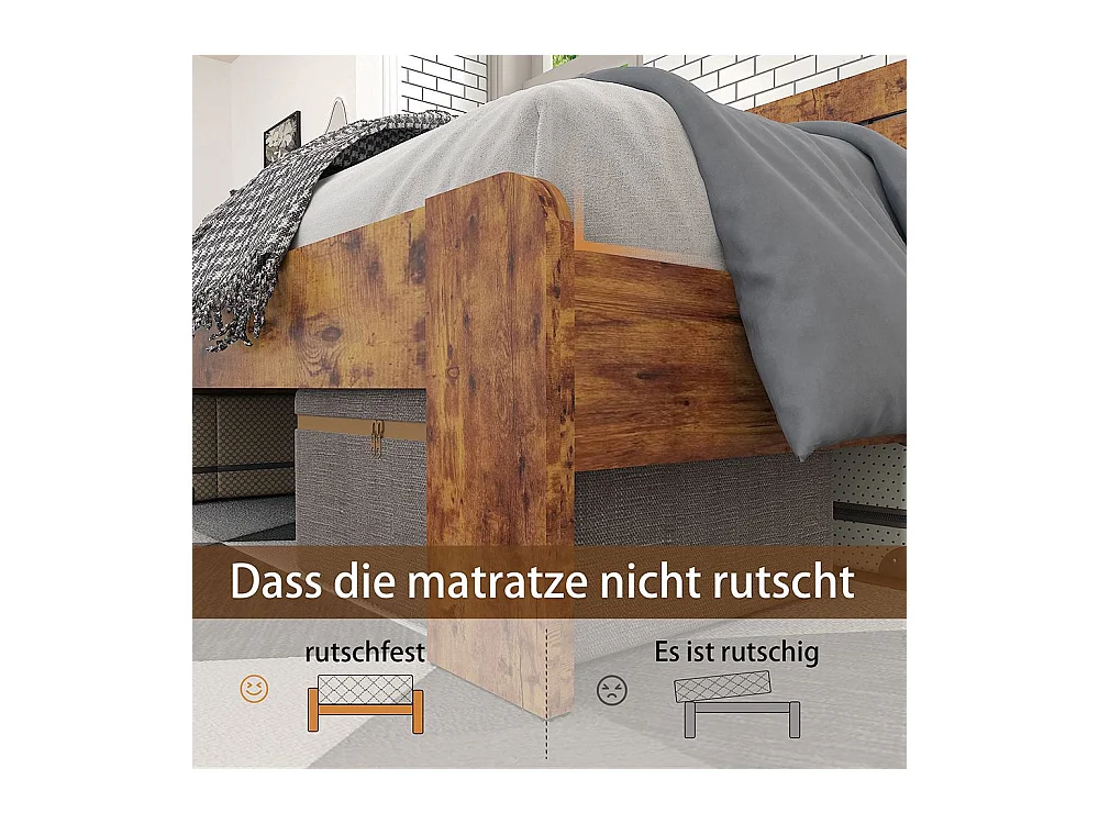 Lit double 180x200 bois antique sommier lattes fer tête haute cadre fer marron