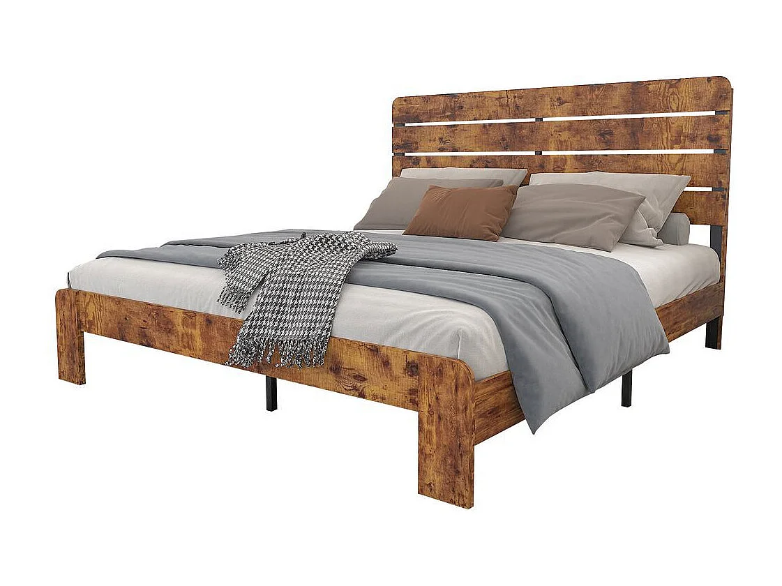 Lit double 180x200 bois antique sommier lattes fer tête haute cadre fer marron