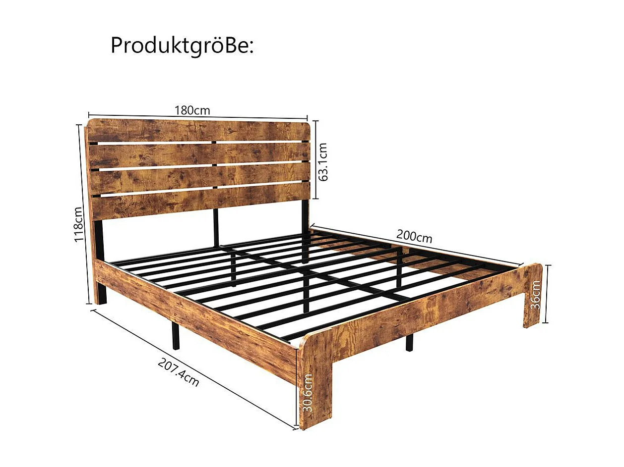Lit double 180x200 bois antique sommier lattes fer tête haute cadre fer marron
