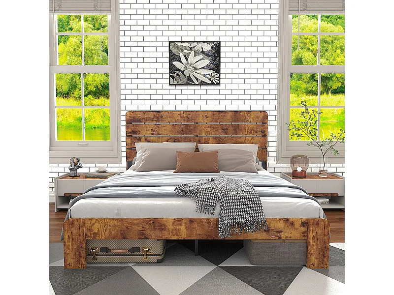 Lit double 180x200 bois antique sommier lattes fer tête haute cadre fer marron