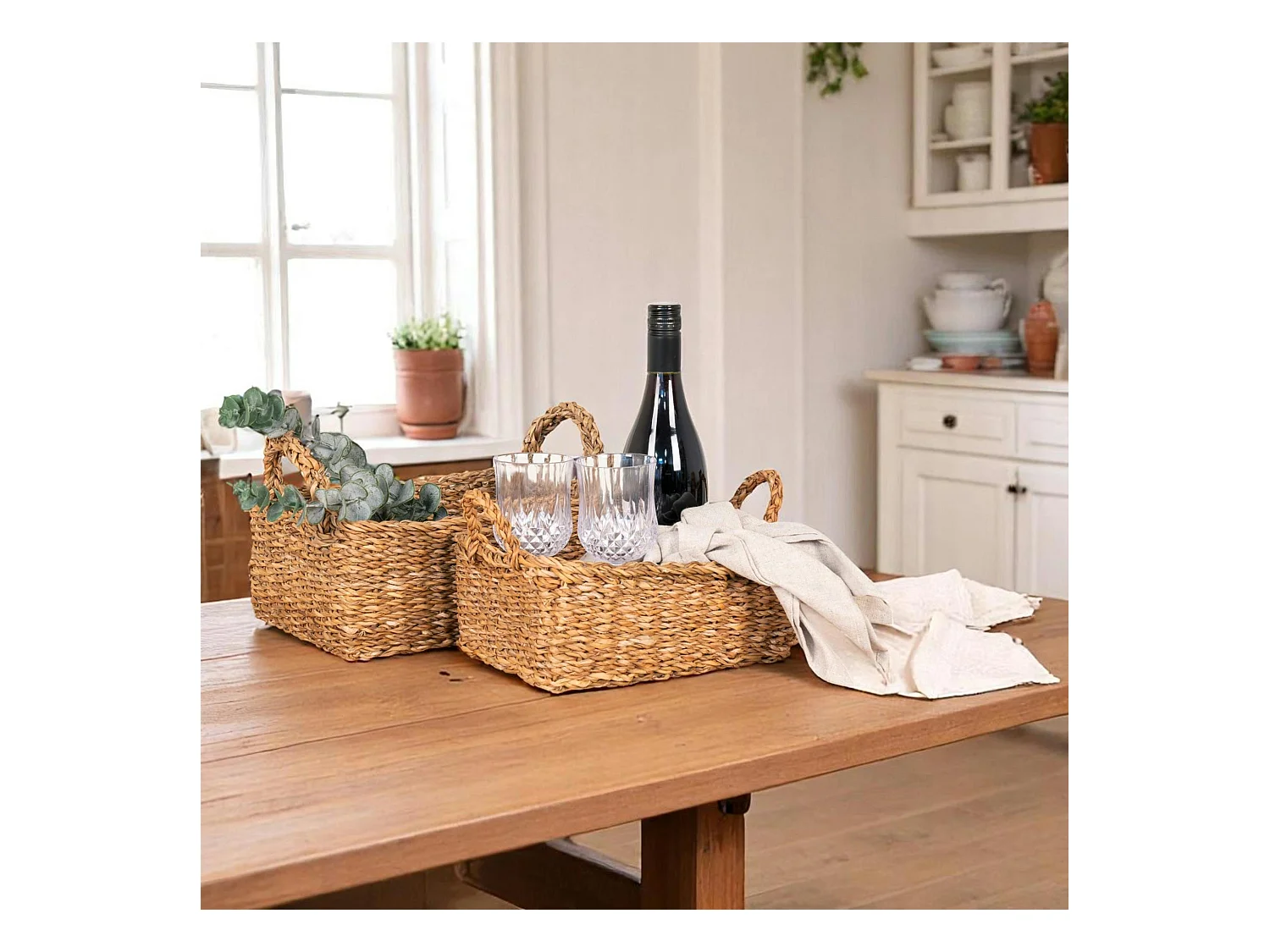 Panier de rangement rectangulaire en jonc de mer avec poignées (lot de 2)