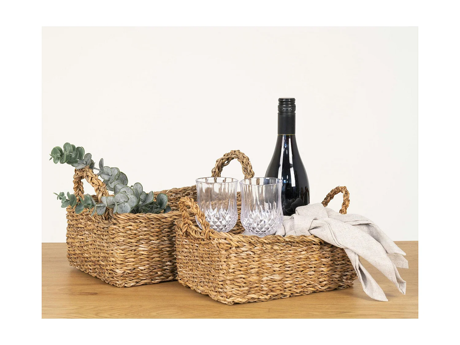 Panier de rangement rectangulaire en jonc de mer avec poignées (lot de 2)