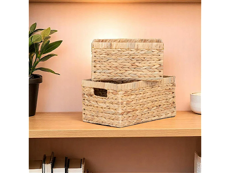 Panier de rangement déco en jacinthe d'eau avec poignées (lot de 2)