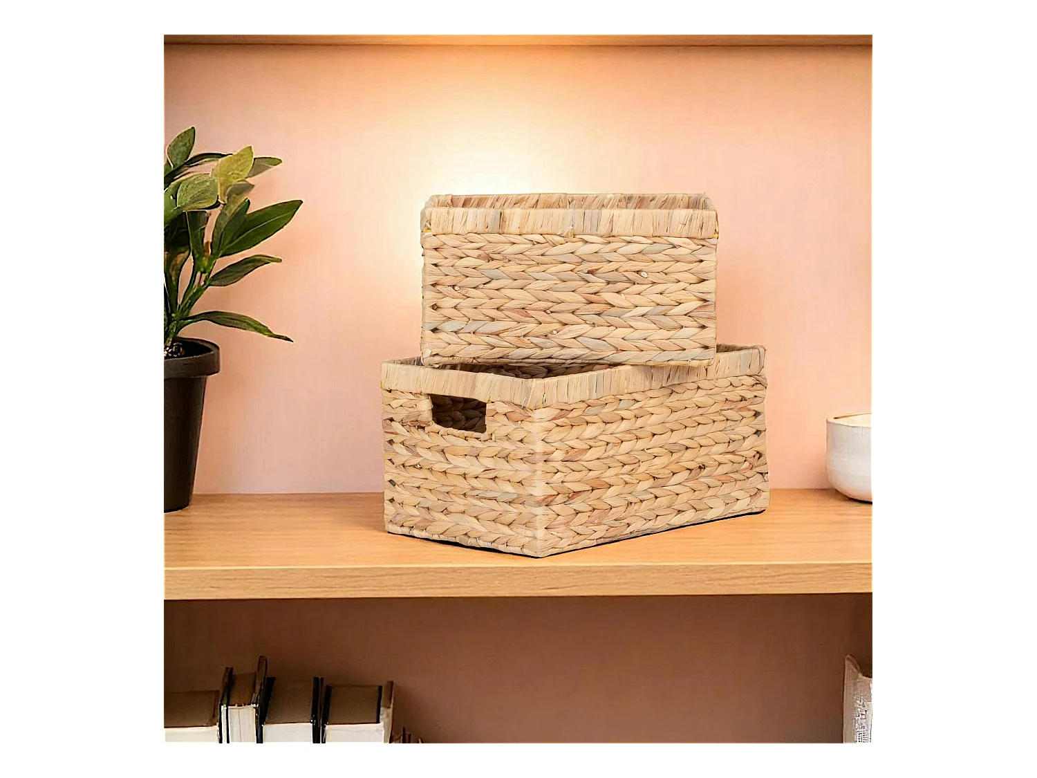 Panier de rangement déco en jacinthe d'eau avec poignées (lot de 2)