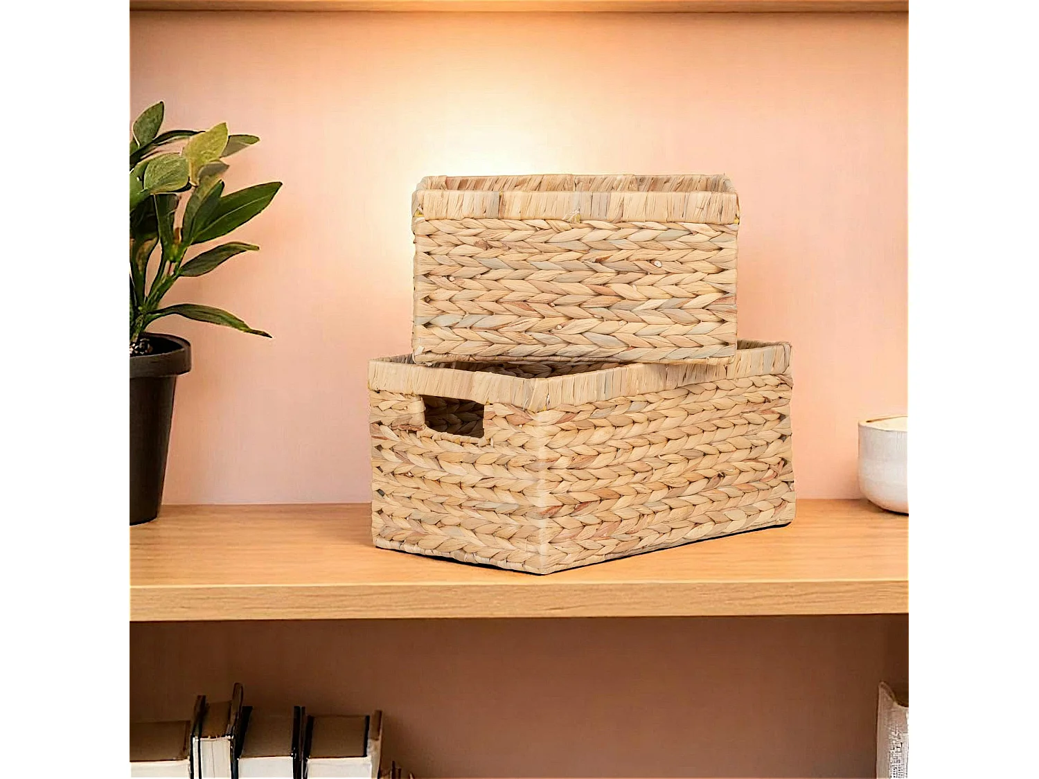 Panier de rangement déco en jacinthe d'eau avec poignées (lot de 2)